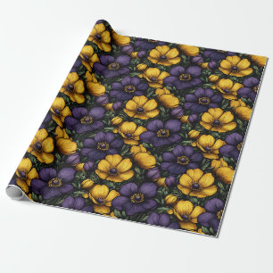 Paarse en gele bloem patroon decoupage cadeaupapier