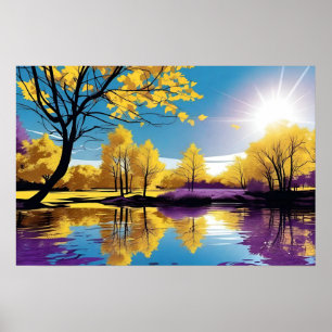 Paarse en gele boomreflectie op Vreedzaam Meer Poster