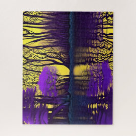 Paarse en gele bos reflectie op het water legpuzzel