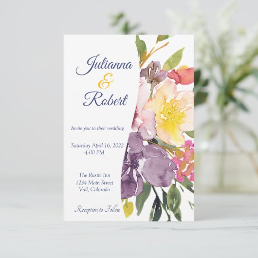 Paarse en gele bruiloft met een mooie bloem kaart (Staand voorkant)
