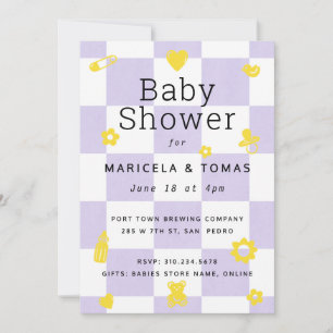Paarse en Gele Checker Baby shower Kaart
