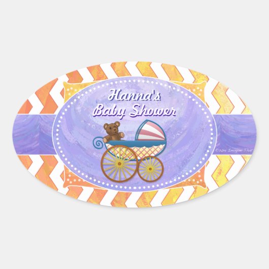 Paarse en gele Chevron Aangepast Baby shower Ovale Sticker (Voorkant)