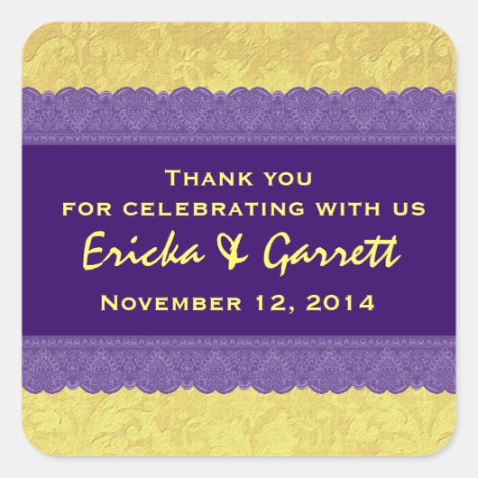 Paarse en Gele Damask Dank u Bruiloft R322 Vierkante Sticker (Voorkant)