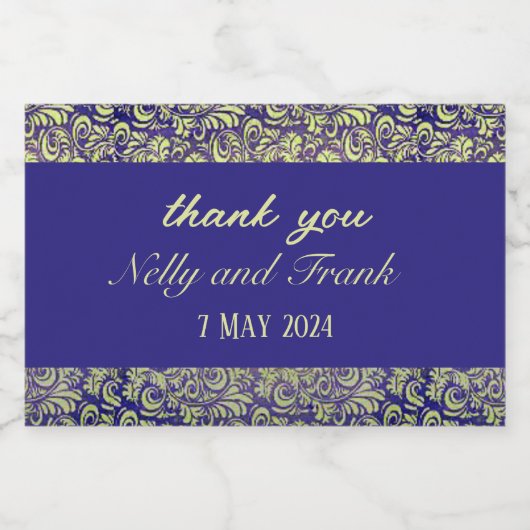 Paarse en gele damast bruiloft sparkling wijnetiket (Enkel label)