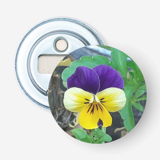 Paarse en gele flesopening button flesopener (Voorkant)