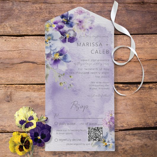Paarse en gele Floral Moderne QR-code All In One Uitnodiging