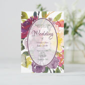 Paarse en gele florale achtergrond bruiloft inv kaart (Staand voorkant)