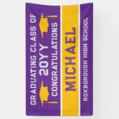 Paarse en Gele Gouden School Kleuren Afstuderen Spandoek (Verticaal)