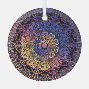 Paarse en gele mandala: handgetekend ontwerp glas ornament