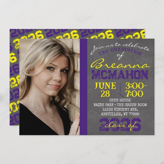 Paarse en gele Modern Chalkboard Afstuderen Kaart