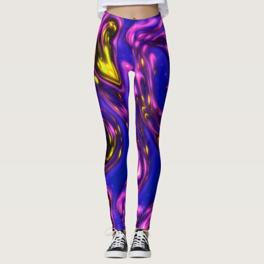 Paarse en gele Neon Liquid Abstracte Kunst Leggings (Voorkant)