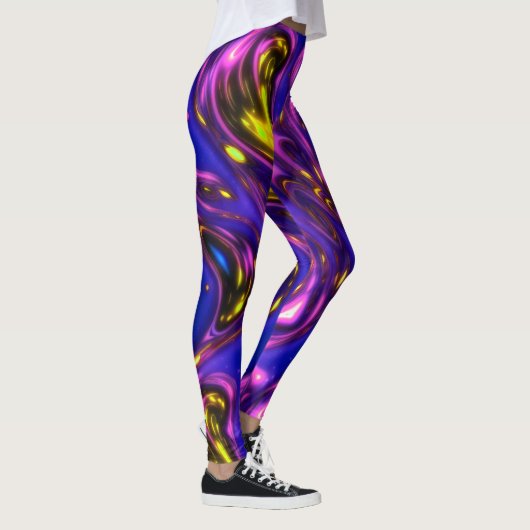 Paarse en gele Neon Liquid Abstracte Kunst Leggings (Rechts)