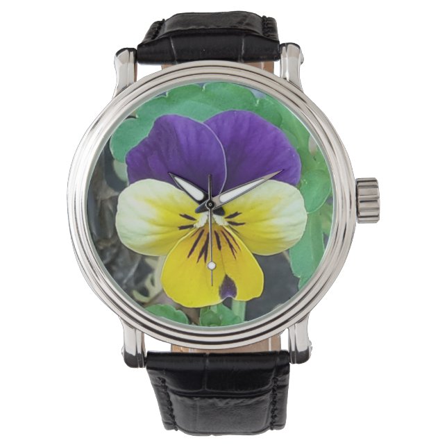 Paarse en gele Pansy Horloge (Voorkant)