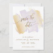 Paarse en gele penseelstreken, minimale bruiloft save the date (Voorkant)