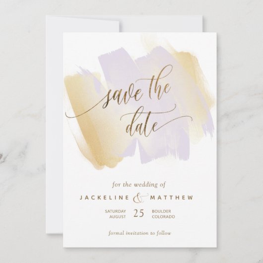 Paarse en gele penseelstreken, minimale bruiloft save the date (Voorkant)