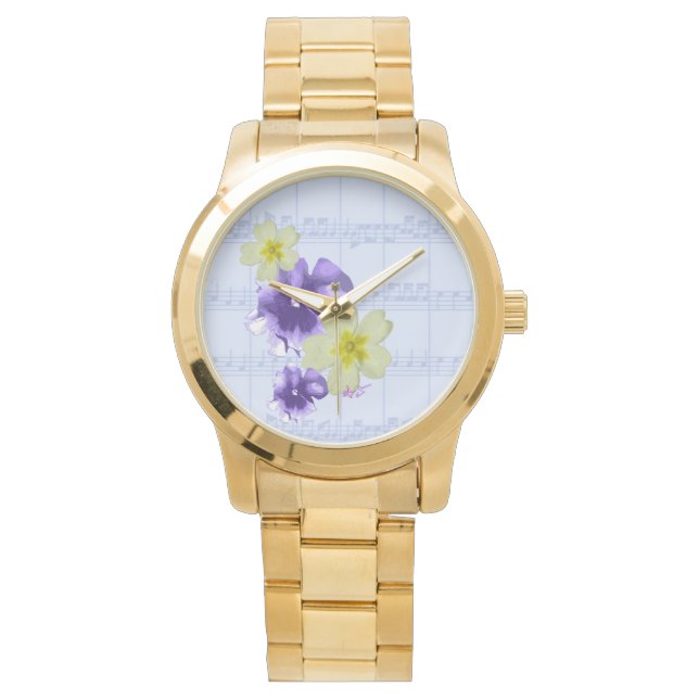 Paarse en gele vloer Blad Muziek Gold Watch Horloge (Voorkant)