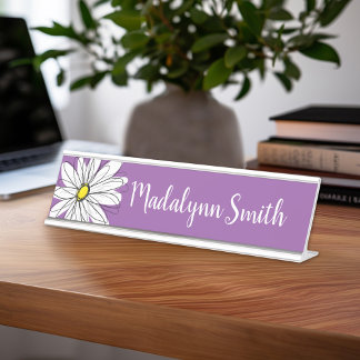 Paarse en gele whimsical Daisy Custom Text Bureau Naambordje