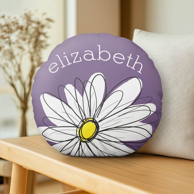 Paarse en gele whimsical Daisy Custom Text Rond Kussen (Custom Pillow)