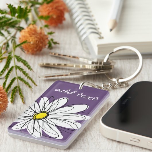 Paarse en gele whimsical Daisy Custom Text Sleutelhanger (Voorkant Rechts)