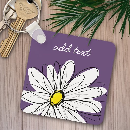 Paarse en gele whimsical Daisy Custom Text Sleutelhanger