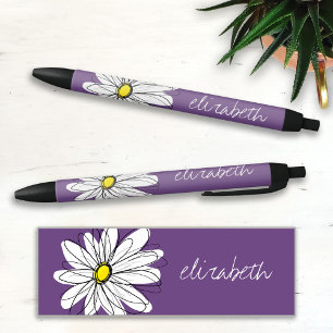 Paarse en gele whimsical Daisy Custom Text Zwarte Inkt Pen