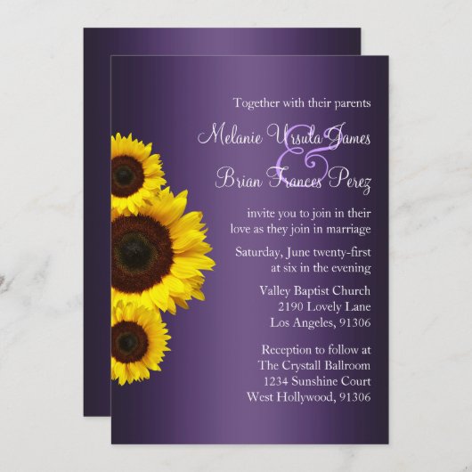 Paarse en Gele Zonnebloem Uitnodiging (Voorkant / Achterkant)