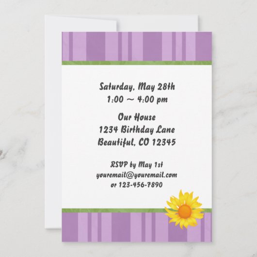 Paarse en gele zonnebloem verjaardagsuitnodiging kaart (Achterkant)
