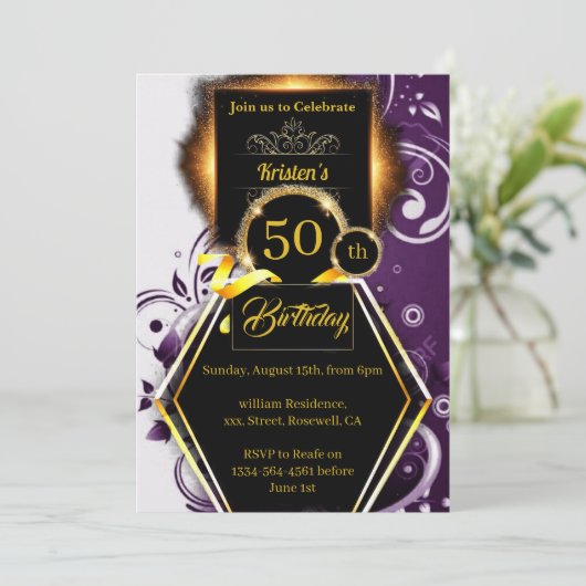 Paarse en Gold 50e verjaardag Uitnodiging (Staand voorkant)