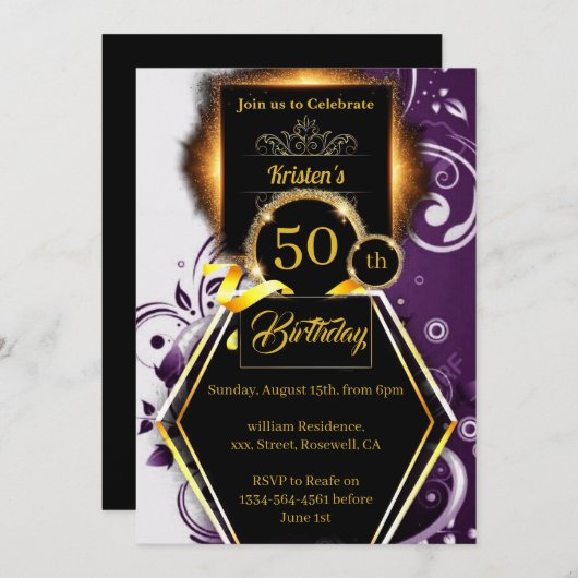 Paarse en Gold 50e verjaardag Uitnodiging (Voorkant / Achterkant)