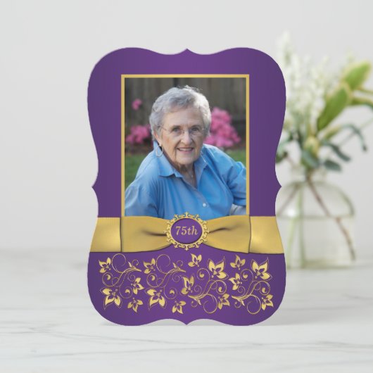 Paarse en Gold 75e fotouitnodiging Kaart (Staand voorkant)