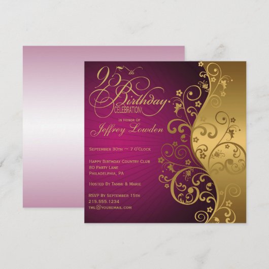 Paarse en Gold 95e uitnodiging van de Birthday Par (Voorkant / Achterkant)