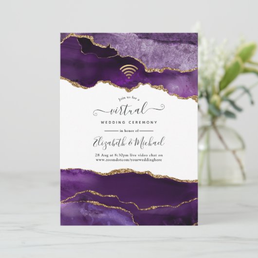 Paarse en Gold Agate virtuele huwelijksuitnodiging Kaart (Staand voorkant)