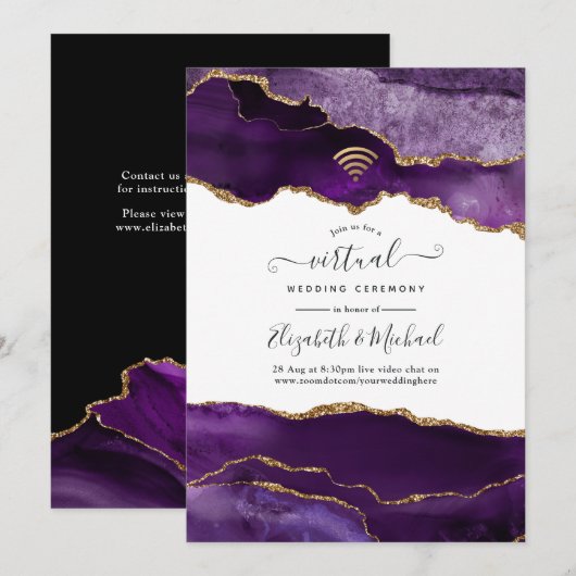 Paarse en Gold Agate virtuele huwelijksuitnodiging Kaart (Voorkant / Achterkant)