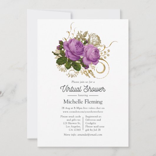 Paarse en Gold  Chic Floral Virtual Shower Kaart (Voorkant)