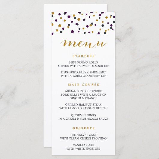 Paarse en Gold Confetti Stippen Moderne Menu Kaart (Voorkant / Achterkant)
