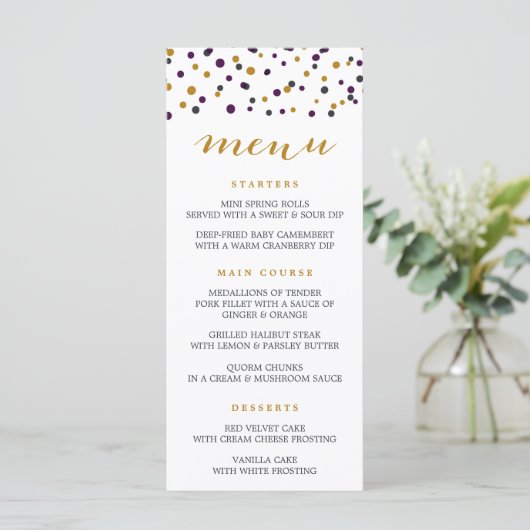 Paarse en Gold Confetti Stippen Moderne Menu Kaart (Staand voorkant)
