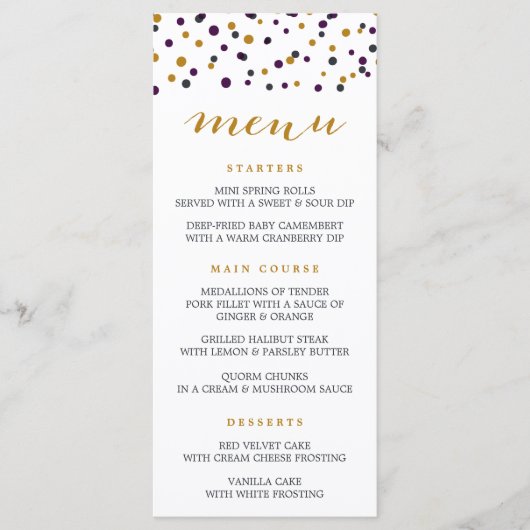 Paarse en Gold Confetti Stippen Moderne Menu Kaart (Voorkant)