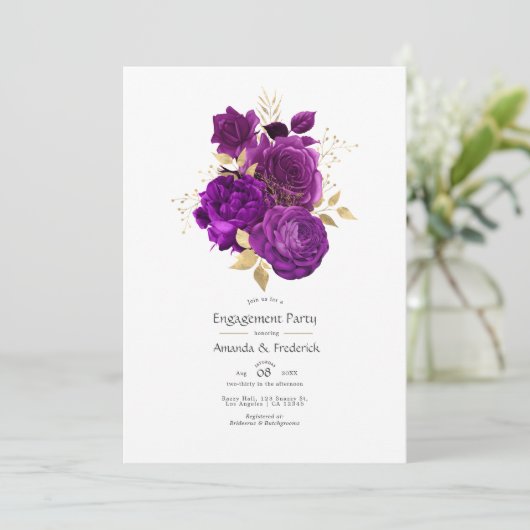 Paarse en Gold Floral Engagement party Kaart (Staand voorkant)