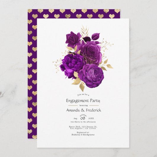 Paarse en Gold Floral Engagement party Kaart (Voorkant / Achterkant)