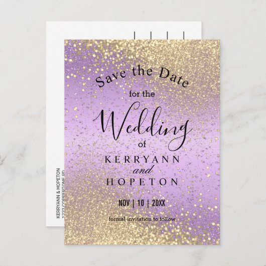 Paarse en Gold Glitter - Bewaar de datum van beken Aankondigingskaart (Voorkant / Achterkant)