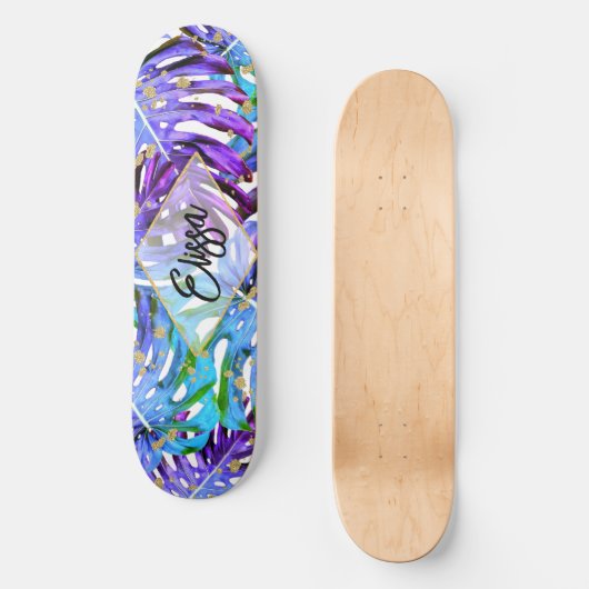 Paarse en Gold Glitter Tropische bladeren op maat Persoonlijk Skateboard (Voorkant)