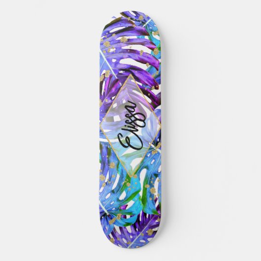 Paarse en Gold Glitter Tropische bladeren op maat Persoonlijk Skateboard (Voorkant)