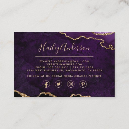 Paarse en Gold Glitter Waterverf Gilded Agate Visitekaartje (Achterkant)