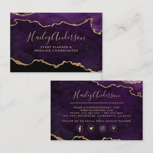 Paarse en Gold Glitter Waterverf Gilded Agate Visitekaartje (Voorkant / Achterkant)
