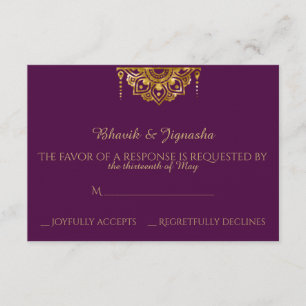 Paarse en Gold Indian Wedding Response Card RSVP Kaartje