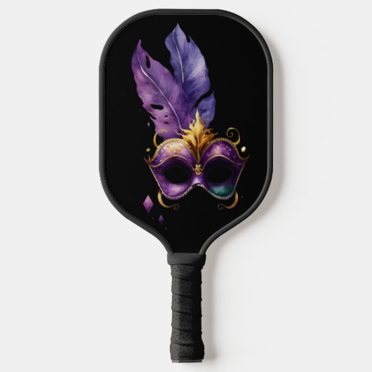 PAARSE EN GOLD MARDI GRAS MASKS & FEATHERS PICKLEBALL PADDLE (Voorkant)