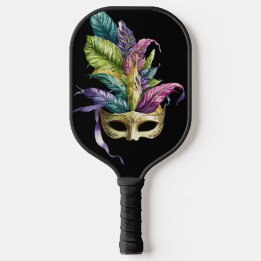 PAARSE EN GOLD MARDI GRAS MASKS & FEATHERS PICKLEBALL PADDLE (Voorkant)