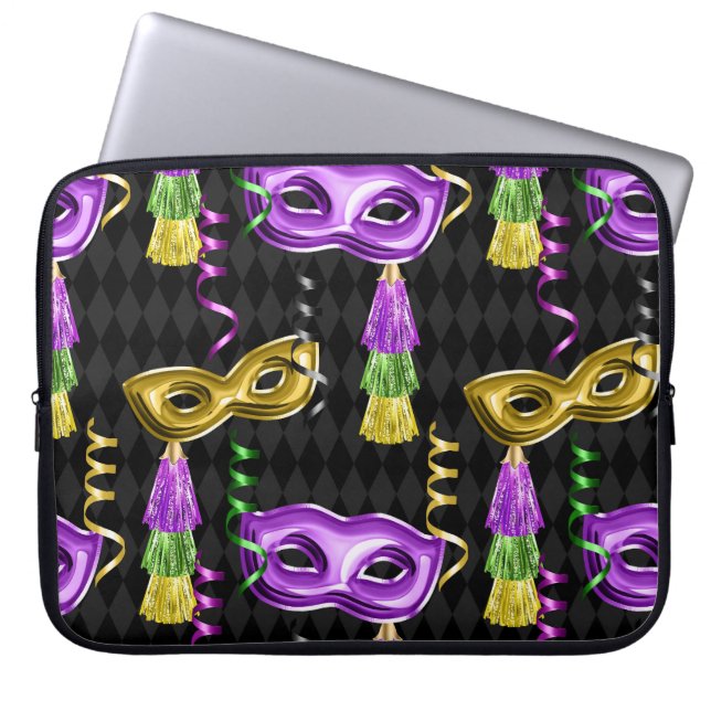 PAARSE EN GOLD MARDI GRAS MASKS & TASSELS LAPTOP SLEEVE (Voorkant)