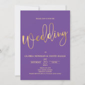Paarse en Gold Scripting QR Code Wedding Kaart (Voorkant)