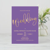 Paarse en Gold Scripting QR Code Wedding Kaart (Staand voorkant)